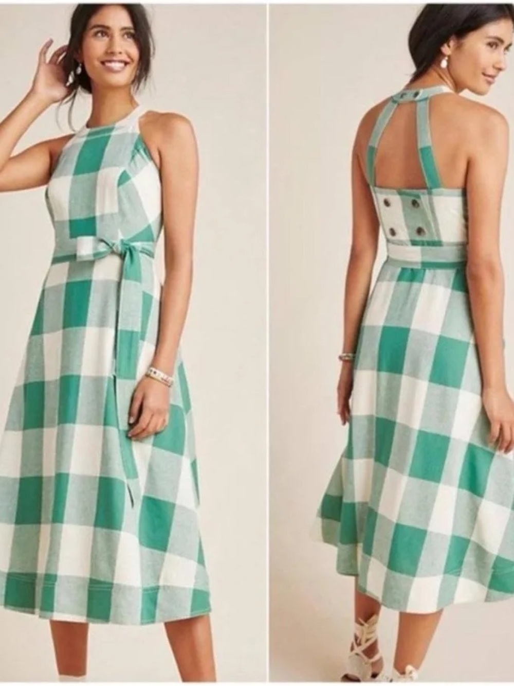 Maeve Anthropologie Greta Gingham Halter midi Dress Green Size 2